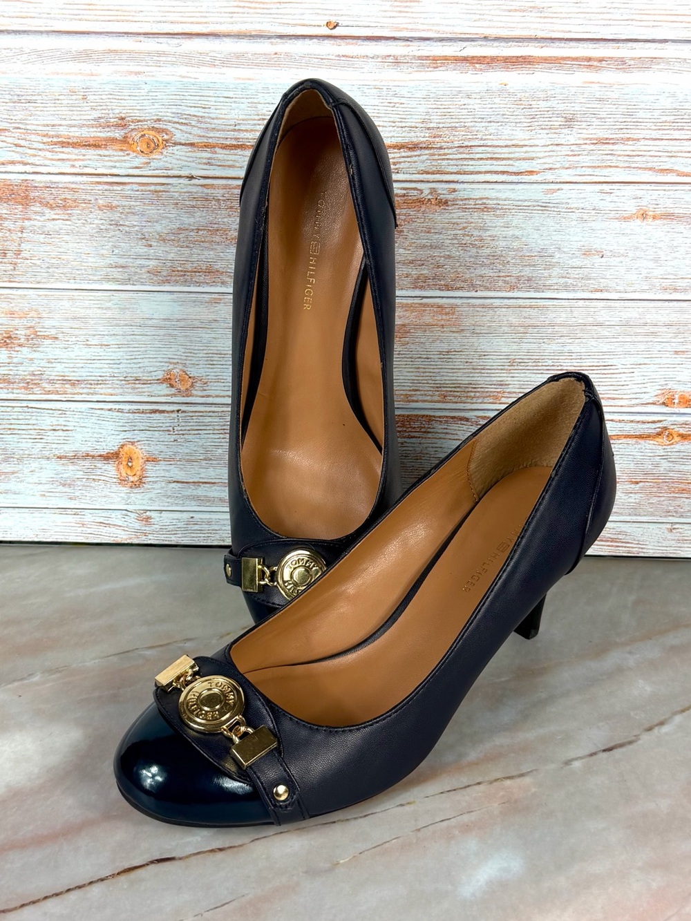 Tommy Hilfiger Navy Round Toe Pumps with Gold Logo Medallion